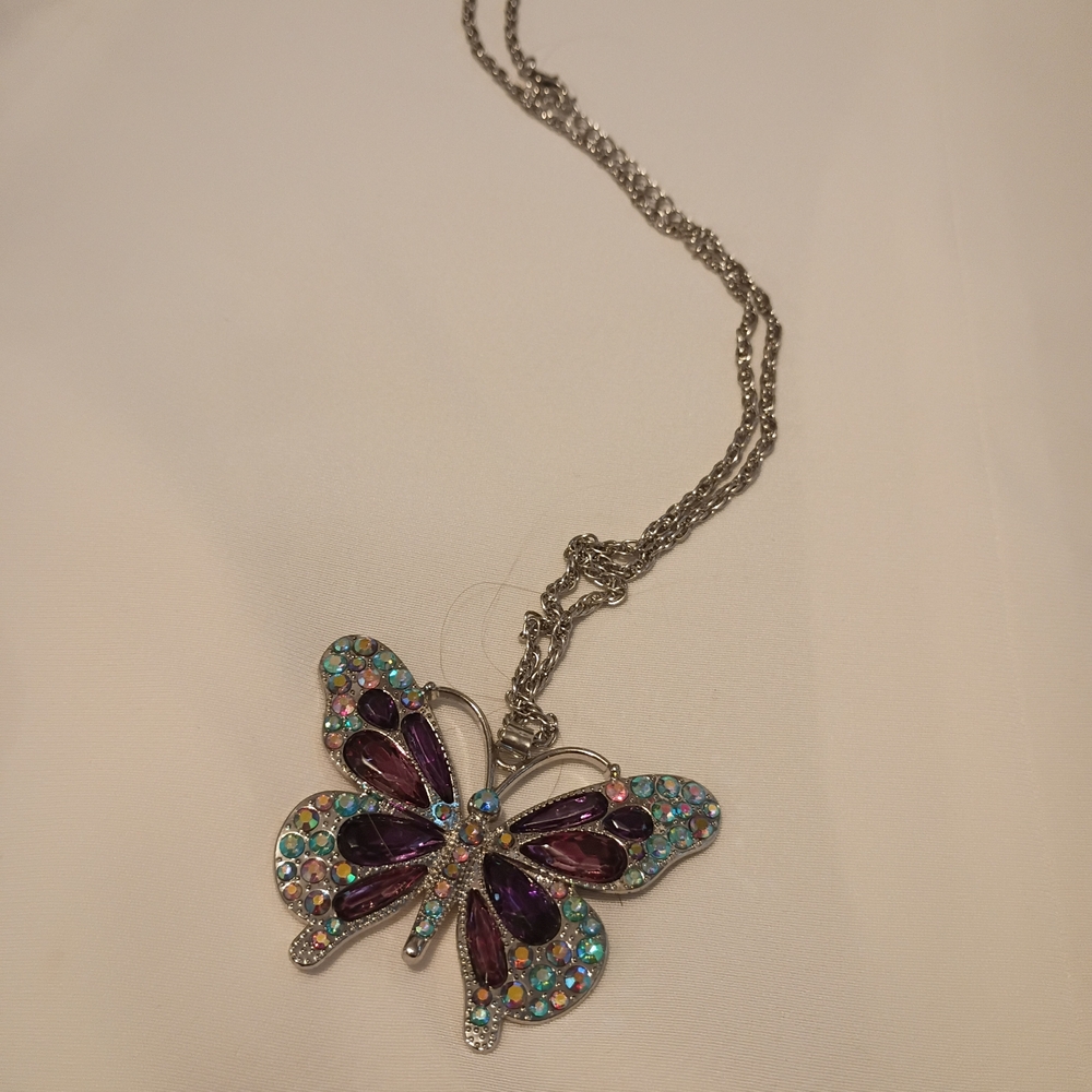 Silver-tone Purple Crystal Butterfly Pendant Necklace
